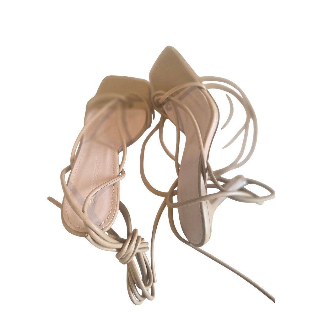 Princess Polly Nude Lace Up Square Toe Stiletto Heels Sandals Beige Women Size 7